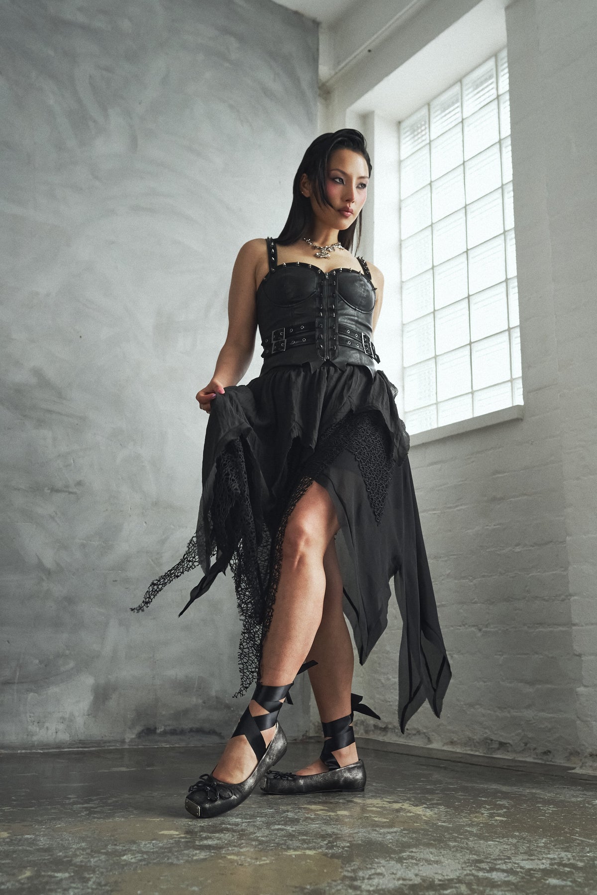 KOI Footwear - Frostbitten Layered Corset Midi Dress - Textured Black