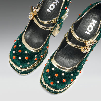KOI Footwear - Boleyn’s Revenge Bejewelled Velvet Heels - Green
