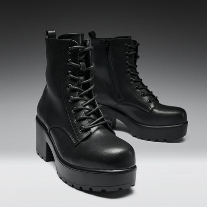 KOI Footwear - Black Leather Chunky Platform Military Boots