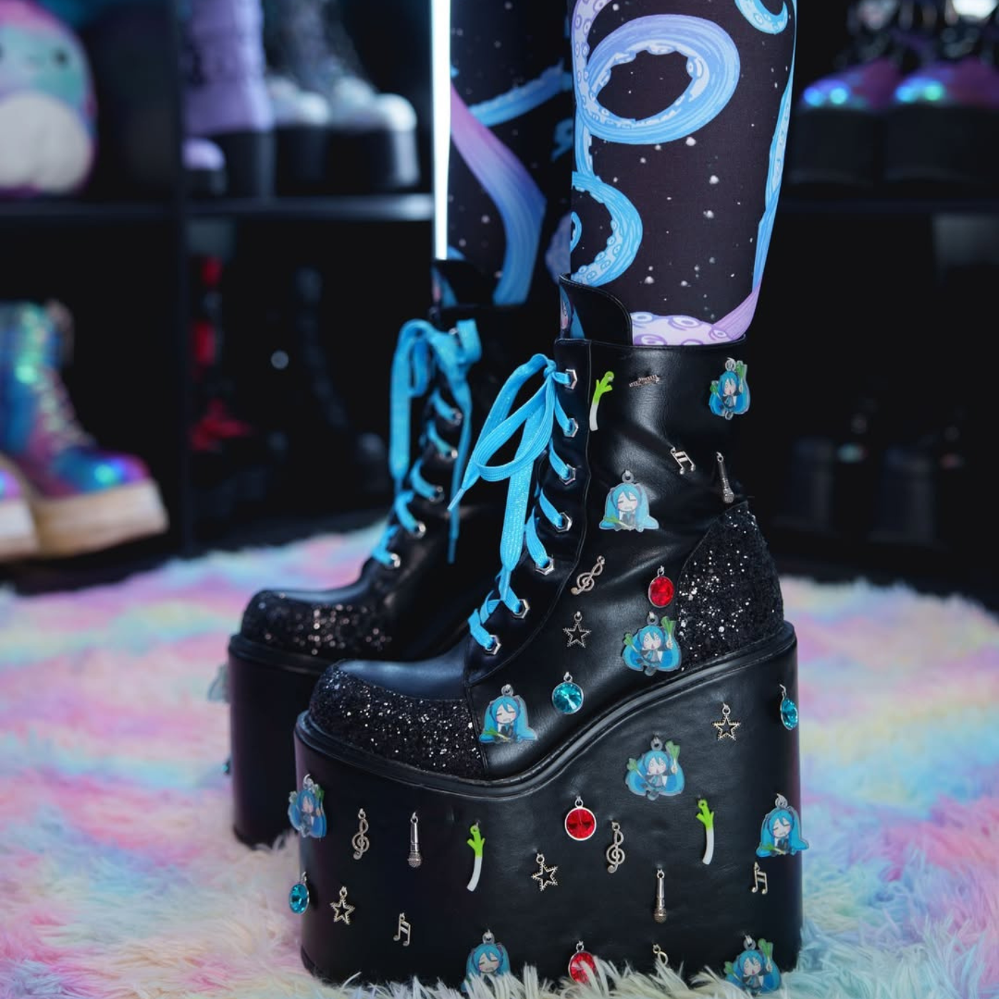 KOI Footwear - Musical Leek Miku Mega Platform Charm Boots